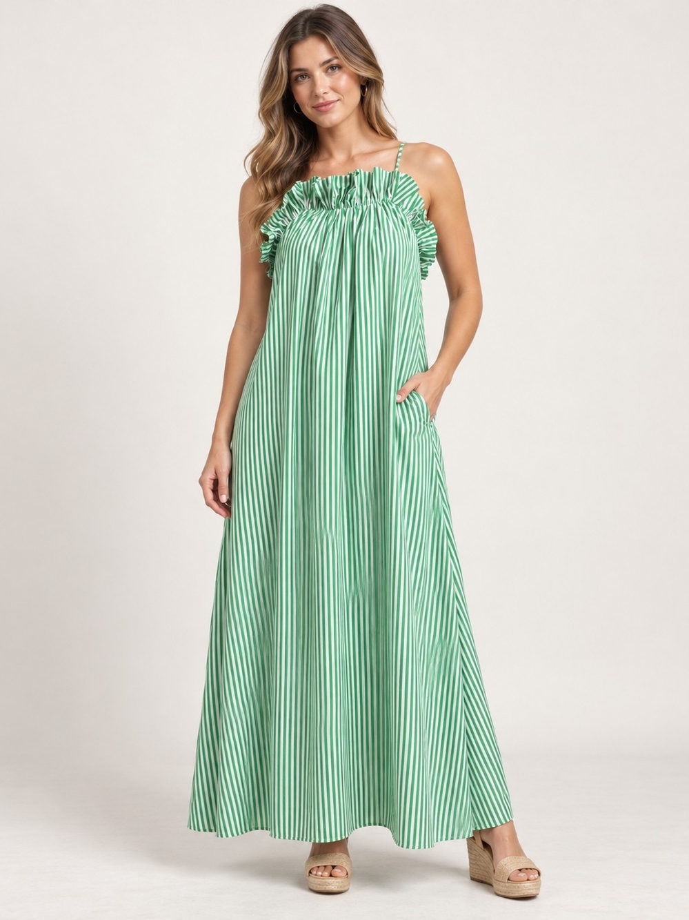 Karlie Green White Stripe Maxi Dress Medium Ruffle Shoulder Pockets Coastal
